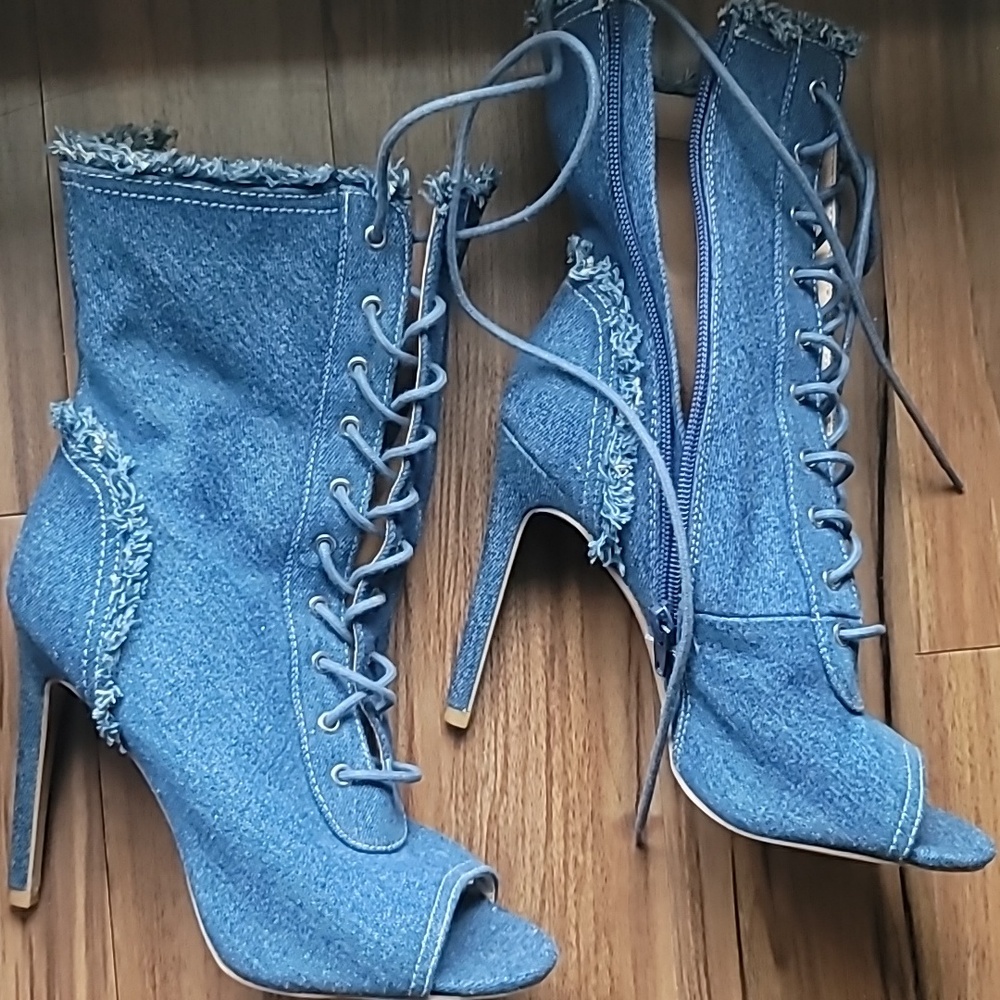 Denim open toe booties